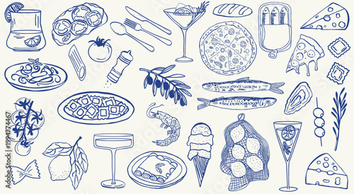 hand drawn Italian food icons. Mediterranean lunch and dinner doodle items, pizza, pasta, olive, cheese,ravioli, sardines, lemons,tomato, gelato. Quirky blue crayon style doodles,Dolce vita aesthetics