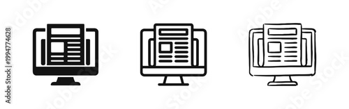 Online news icons showing computer monitor with newspaper in three styles