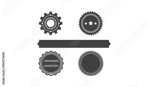 Collection of four vintage industrial stamps and badges with intricate designs, featuring gears, stars, and ribbons, in a monochromatic color scheme.