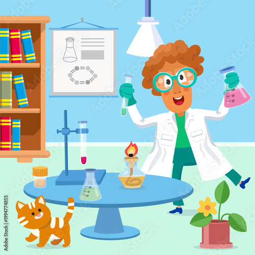 Funny man scientist conducts chemistry experiments in laboratory with ginger cat. Male researcher in white coat and goggles holds flasks with colorful liquids near bookshelf in office. Bright flat