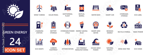 Green Energy solid Icon Set for renewable energy, solar, carbon, power, wind turbines, and sustainable ESG tech.