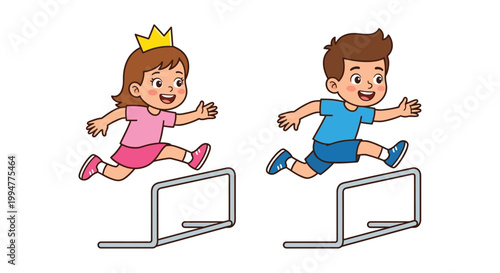 Two children happily running and jumping over hurdles in a playful scene