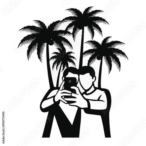 People taking selfie with palm trees silhouette. Summer vacation and travel concept. Black and white vector illustration isolated on transparent background