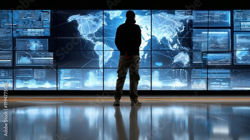 Observer of Global Network: A solitary figure stands before a massive display, an intricate network map and streaming data reflecting on the polished floor, the observer in the world of technology.