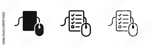 Online test and survey icons with checklist and computer mouse in three styles