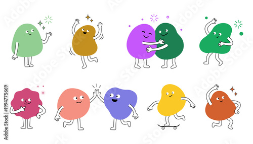 Funny cute blob characters set with different emotions, expressive cartoon doodle shapes, colorful abstract figures with smiling faces, modern flat vector illustration isolated