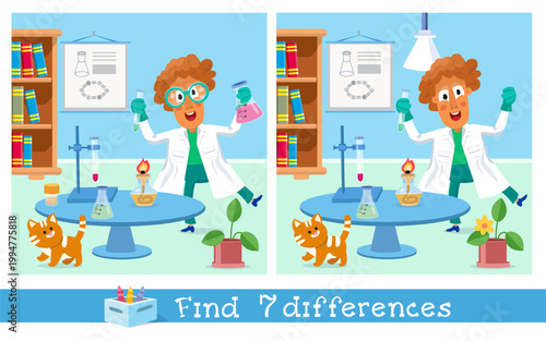 Find seven differences educational game for kids with man scientist in laboratory. Two similar vector pictures show male researcher conducting chemistry experiments with funny ginger cat. Fun logical