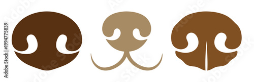 Animal nose vector set, brown dog and cat snout icons, 3 minimalist pet nose illustrations for character design and mascot creation