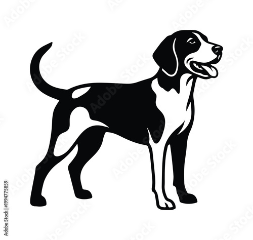 Minimalist beagle dog vector illustration, black and white hound silhouette, standing hunting dog profile, clean pet logo graphic