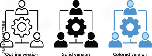 Team management and workflow icon with people connected to a central gear. Symbol of coordination, collaboration and organized work. Ideal for business operations and team structure.