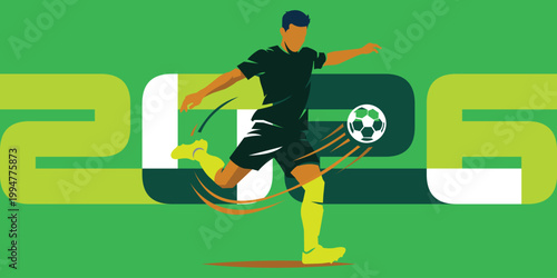 Soccer player kicking ball with motion lines on green background