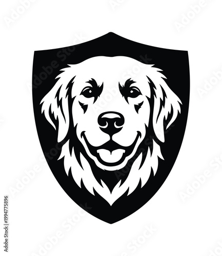 Golden Retriever dog head mascot on black shield, minimalist canine pet logo vector, black and white animal portrait for security or veterinary branding