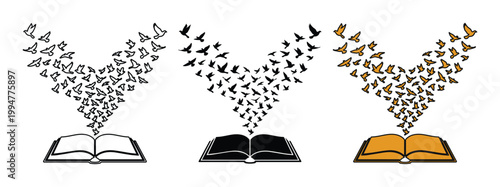Minimalist open book vector set with flying birds, literary imagination concept icons, black and gold book illustrations for education and storytelling