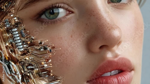 Digital Essence: An enigmatic portrait reveals a fusion of human beauty with technological artistry, presenting a captivating glimpse into the future of cyber-aesthetics.
