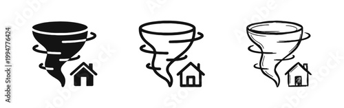 Tornado Disaster House Icon Set, Hurricane Storm Damage Vector Illustration