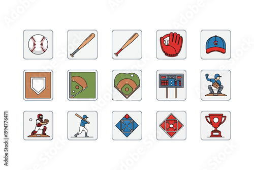 Collection of baseball icons and symbols in various colors and styles