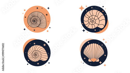 Nautical seashell icons presented in circular frames with stars and bubbles for marine and summer holiday themes.