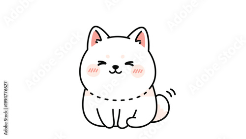 Cute white shiba inu puppy or dog character sitting happily with rosy cheeks and a wagging tail on white background.