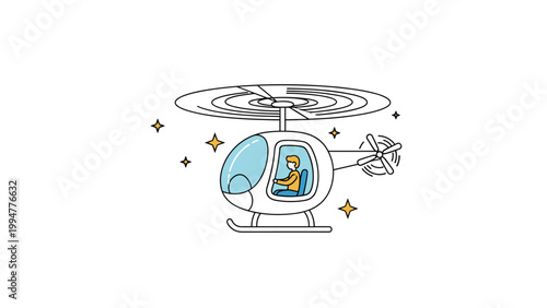 Small white helicopter with a blue windshield and a pilot character flying among yellow stars on white background.