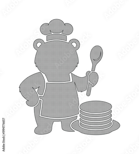 コック帽を被った可愛いクマのシェフのベクターイラスト。エプロン姿で木のスプーンを持ちパンケーキを調理する動物キャラクター。キッチンや料理教室のロゴ、カフェのメニューデザインに最適なグレーのシルエットアイコン。