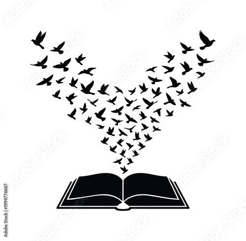 開いた本から飛び立つ鳥の群れのシルエット, 知識と自由を象徴する読書のコンセプトアート, 教育や文学のイメージに最適なベクターイラストレーション, 白背景に映える黒い鳥の羽ばたきと書籍のグラフィックデザイン