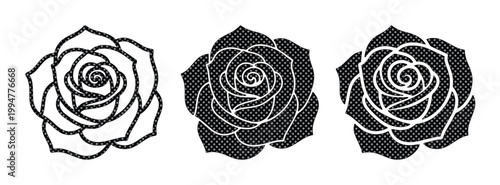 バラのイラストのベクターセット、エレガントな花の線画とシルエットのアイコン、3種類の異なるスタイルの黒い薔薇のグラフィック素材、結婚式の招待状やロゴデザインに最適な植物の装飾パーツ