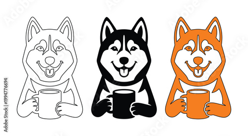 シベリアンハスキーのキャラクターイラストセット、コーヒーマグカップを持つ可愛い犬のベクター素材、線画と黒とオレンジの3種類のバリエーション、カフェや休憩をテーマにした動物ロゴデザイン