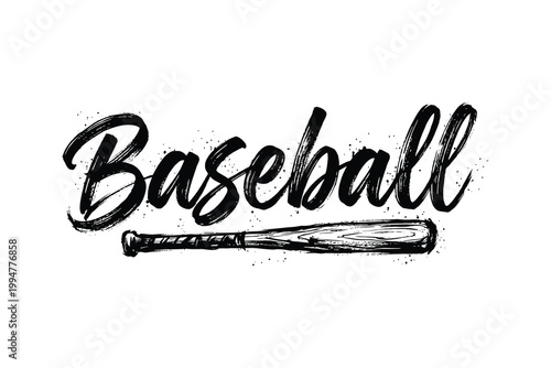 Baseball text with bat illustration on white background