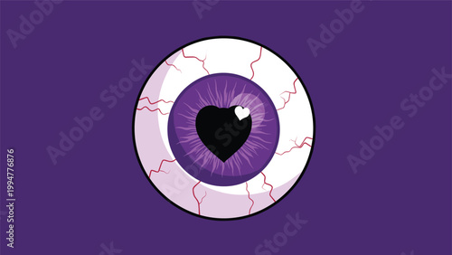 Spooky eyeball illustration with a purple iris and a black heart shaped pupil on a dark purple background for halloween.