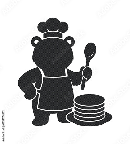 クマのシェフのシルエットベクター素材、コック帽とエプロン姿でパンケーキを作る可愛い動物の料理人、レストランやカフェのロゴに最適な黒いアイコンイラスト、キッチン用品を持つクマのキャラクターデザイン