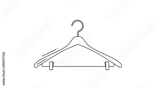 Minimalist black and white line drawing of a classic wooden clothes hanger with metal clips on a solid white background.