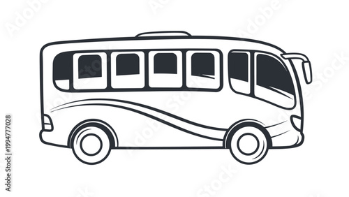 Side view illustration of a modern passenger bus with dark tinted windows and decorative swoosh designs on the side panel.