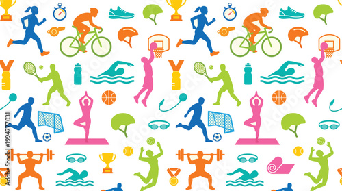 Colorful sports icons and silhouettes isolated on white background