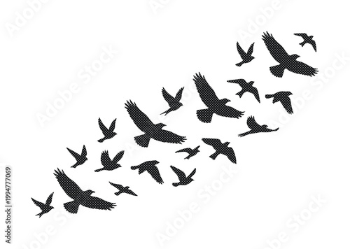空を飛ぶ鳥の群れのシルエット, 自由と移動を象徴する渡り鳥のベクターイラスト, 黒い鳥の飛行パターン, 自然の風景やグラフィックデザインに最適なミニマルな背景素材