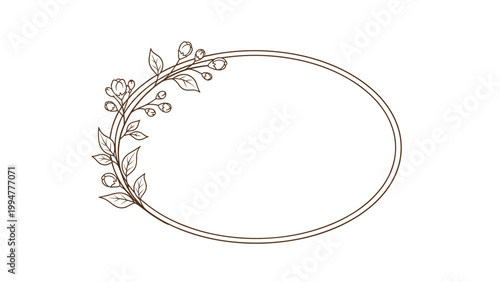 Elegant oval shaped frame decorated with a delicate branch of blooming flowers and leaves in a brown line art style.
