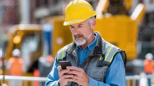 Construction worker on phone: An experienced construction worker intently uses his phone on a bustling construction site, embodying the modern intersection of technology and industry.