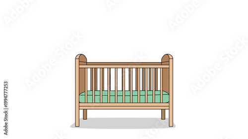 Front view of a simple wooden baby crib with a green mattress and slats on a plain white background in a minimalist room.