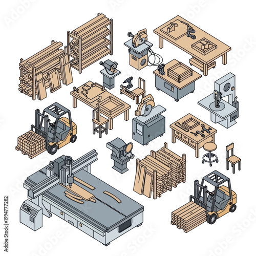 Woodworking Workshop Equipment and Machinery Illustration.