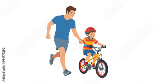 A father helps his young son learn to ride a yellow bicycle