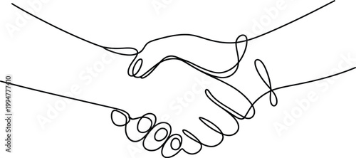 Minimalist, continuous line art handshake drawing symbolizing partnership, agreement, trust, and cooperation ideal for business branding, corporate identity, and professional visual communication 