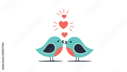Two cute blue birds facing each other with red hearts floating above their heads as a symbol of love and togetherness.