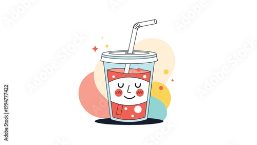 Cheerful kawaii character of a soda cup with a straw, smiling face, and colorful abstract shapes in the background.