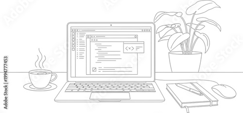 A laptop on a desk with a cup of coffee and a plant nearby