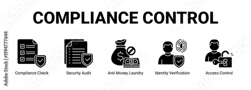 Compliance Control web banner icon concept, with Compliance Check, Security Audit, Anti Money Laundry, Identity Verification.