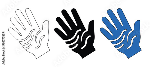 ミニマルな手のひらのアイコンセット、清潔感のあるハンドケアと衛生のベクターイラスト、青と黒のシルエットとアウトラインの3つのバリエーション、スキンケアや手洗いのシンボル、医療や美容の広告デザインに最適なグラフィック素材