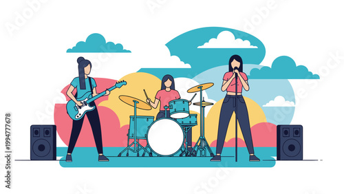 Energetic all female music band consisting of a singer, guitarist, and drummer performing on a stage with a colorful abstract background.