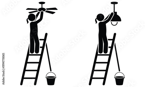 Two people installing ceiling fixtures using ladders