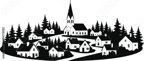 Black and white village scene with church and houses