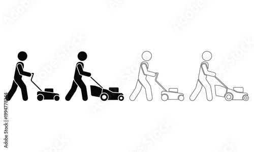 A person demonstrating different ways to push a lawn mower