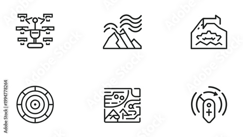 Drone Icons: A collection of concise icons depicting modern drone technology, offering a glimpse into the diverse applications of unmanned aerial vehicles, from aerial mapping to remote control.